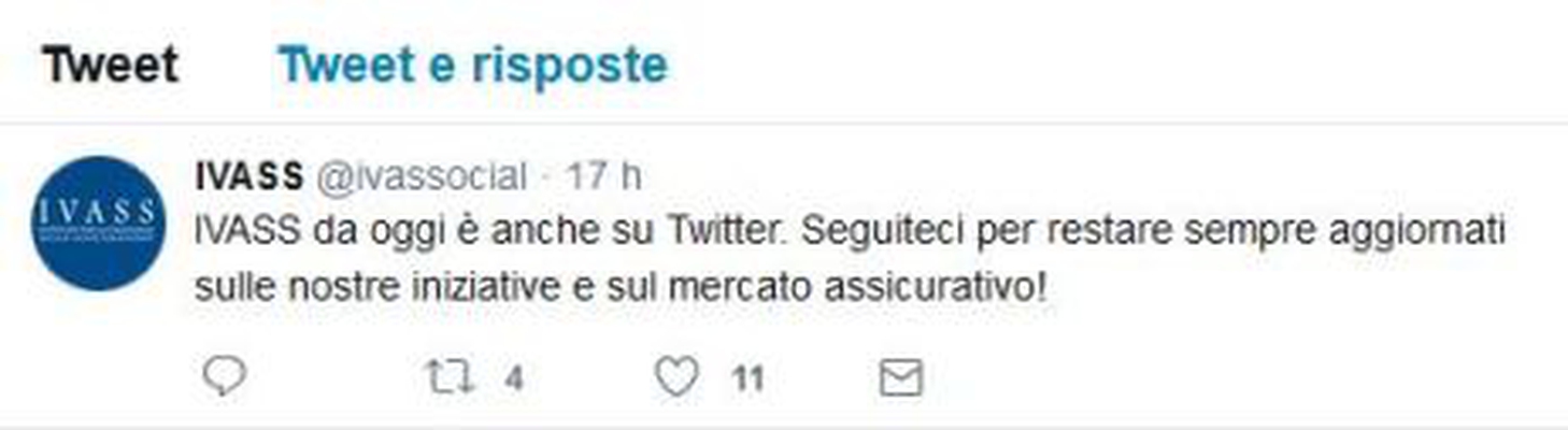 Il primo tweet dall'account Ivass